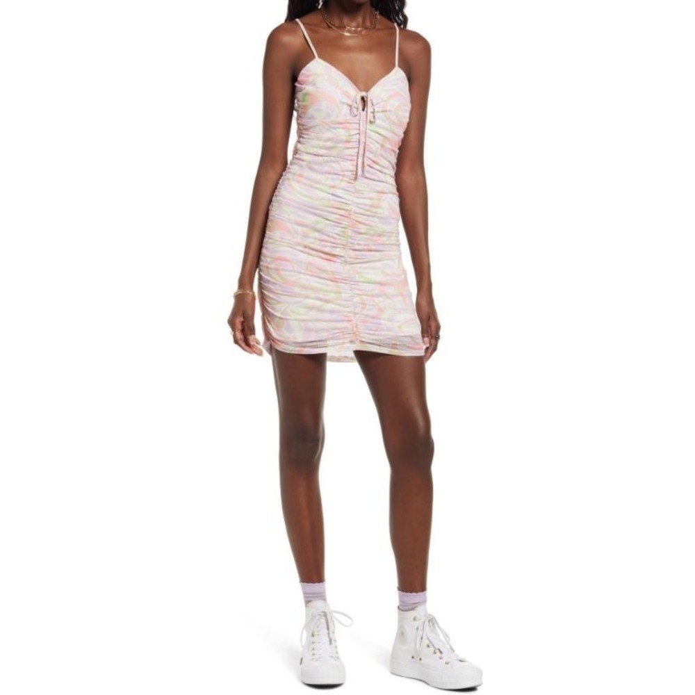 BP. Women's Ruched Tie Front Slip Dress in Ivory Multi Roxie Abstract Large